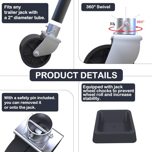 6" Trailer Jack Wheel Replacement with Wheel Chock - 2000lbs Dual Swivel Caster Wheel & Safety Pin, Fits Any Soft Ground Roll Trailer Tongue Jack, Boat, Camper, RV & Jack Replacement Parts - size: Trailer Jack Wheel with Chock