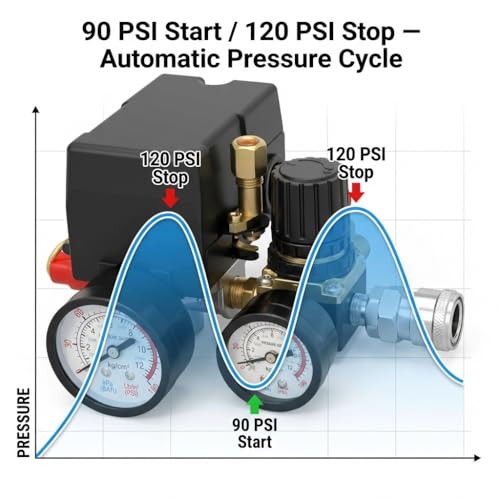 QWORK Air Compressor Pressure Switch for Pneumatic Tools, 90–120PSI Adjustable Controller