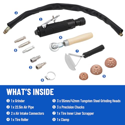 Air Tire Repair Polish Patch Tools, Include 2500rpm Low Speed Air Tire Buffer Tire Inner Liner Scrapper Patch Roller Tungsten Steel Buffing Wheel