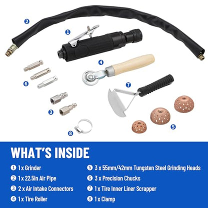 Air Tire Repair Polish Patch Tools, Include 2500rpm Low Speed Air Tire Buffer Tire Inner Liner Scrapper Patch Roller Tungsten Steel Buffing Wheel