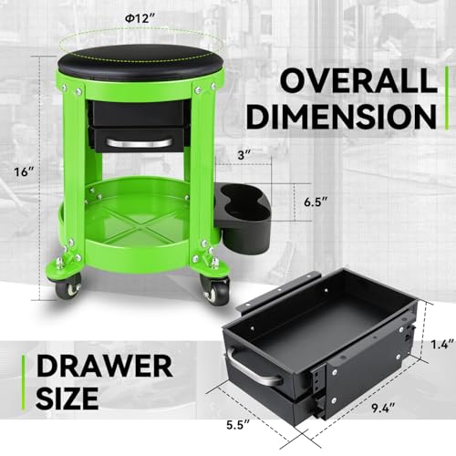 Auto Dynasty Mechanic Stool Chair w/Tool Tray & Rotatable Seat, Green - color: Green