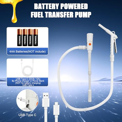 Portable Battery Powered Gas Transfer Pump, 2.8GPM Fuel Transfer Pump with Hand Nozzle for Quick Stop Flow Control USB or Battery Powered Automatic Transfer Pump for Gas, Fuel, Diesel, Water Transfer