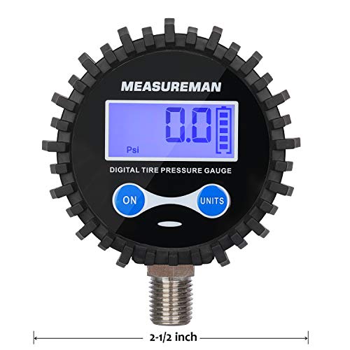 MEASUREMAN 2-1/2" Dial Size Digital Air Pressure Gauge with 1/4'' NPT Bottom Connector and Protective Boot, 0-60psi, Accuracy 1%, Battery Powered, with LED Light (Pack of 2) - size: Long thread (Pack of 2), style: 0-60psi