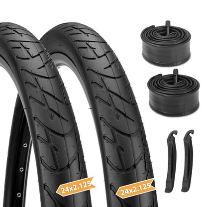 Hycline Cruiser Bike Tires Set, 2-Pack 24/26x2.125 Inch Folding Replacement Bicycle Tires with Inner Tubes & Tire Levers, Wear-Resistant Urban Street Tires for Beach Cruiser & City Commuter Bikes