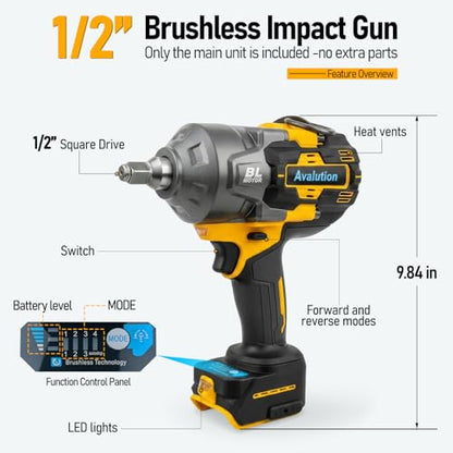Avalution Cordless Impact Wrench 1/2 Inch, Brushless High Torque Impact Gun