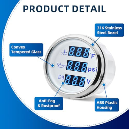 MH Triple Gauge Set - Water Temp (104°F-248°F), Oil Pressure (0-145PSI), Voltmeter (9-32V), Blue Backlight AUTO Gauge with Sensors 2" 52mm 3-in-1 Boat Marine Meter Kit (White) - color: White