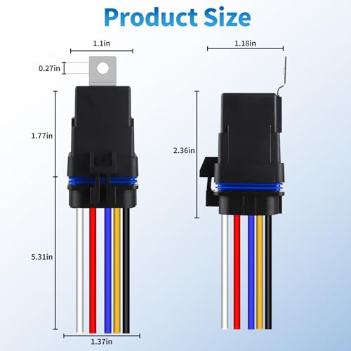 5-Pin Waterproof Relay Kit 40/30 AMP 12V Relay Switch with Harness Heavy Duty 12&16 AWG Tinned Copper Wires, SPDT Automotive Relay Kit for Horns Starters Radiator Motor Fans, Pack of 5