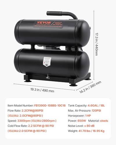 VEVOR Air Compressor, 4.6 Gallon Steel Tank, 1HP 2.2CFM@90 PSI Oil Free Air Compressor & Max 120PSI Pressure, 80dB Ultra Quiet Portable Compressor for Auto Repair, Tire Inflation, Spray Painting, 120V - size: 4.6 Gallon