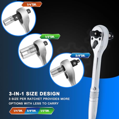 3-IN-1 Ratchet Handle,1/4",3/8",1/2" Drive Ratchet Wrench,72-Tooth Reversible Switch,Full-Polished Chrome Plating,Chromium Vanadium Steel,3/8 Pole