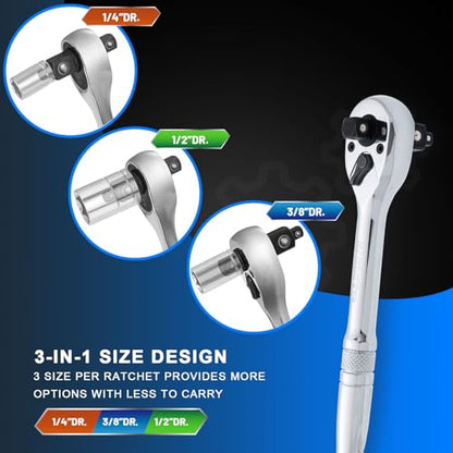3-IN-1 Ratchet Handle,1/4",3/8",1/2" Drive Ratchet Wrench,72-Tooth Reversible Switch,Full-Polished Chrome Plating,Chromium Vanadium Steel,3/8 Pole