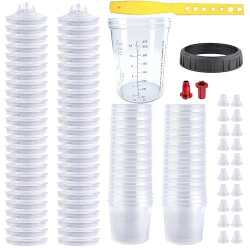 Disposable Paint Spray Gun Cup System for HVLP Paint Spray Paint Gun, Standard 13.5 Ounce (400ml) Kit with 50 Cups and Lids, 1 Hard Paint Mixing Cup with Retainer Ring and 20 Plugs. - color: Dis-400m1-50pcs