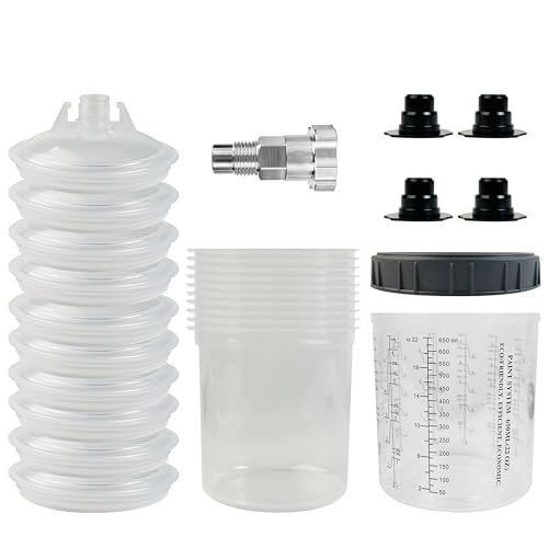 Disposable Paint Cups with Porphis Special Spray Gun Adapter Kit - 650ml/22oz - No-Clean Automotive Mixing Cups for HVLP Gravity Spray Guns - Auto Body Painting Supplies (10 Sets) - color: Dis-600ml-10pcs
