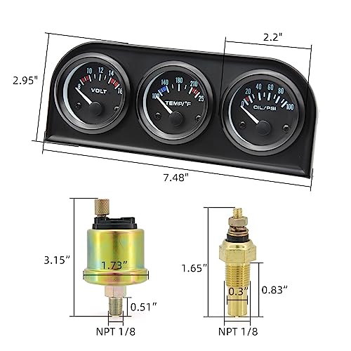 ARTILAURA 52mm Triple Gauge Set (Oil Pressure + Water Temp + Voltmeter) 3 in1 Auto 3 Gauge Cluster kit Dashboard with Black Console for 12V Cars - color: Black