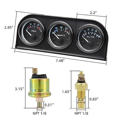 ARTILAURA 52mm Triple Gauge Set (Oil Pressure + Water Temp + Voltmeter) 3 in1 Auto 3 Gauge Cluster kit Dashboard with Black Console for 12V Cars - color: Black