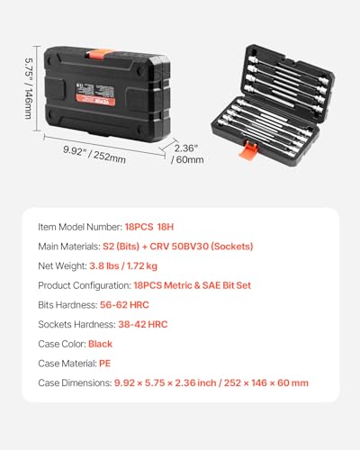 VEVOR Extra Long Allen Hex Bit Socket Set, 18-Piece 3/8 inch Drive, S2 Alloy Steel and Cr-V Steel, Standard SAE and Metric 1/8-Inch-3/8-Inch, 3-12mm, with Enhanced Storage Case, for Mechanics - size: 18 PCS