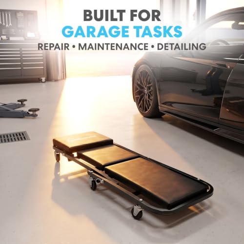 SIMPLI-MAGIC Foldable Z Creeper 2-in-1 Rolling Car Creeper & Seat, Adjustable Roller Garage Chair Lay Down or Sit, 330LBS Capacity Low-Profile Under Car Creeper with 6 Swivel Casters, Black - color: Black