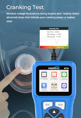 Veepeak 12V 24V Car Battery Tester, 100-2000 CCA Auto Load Analyzer