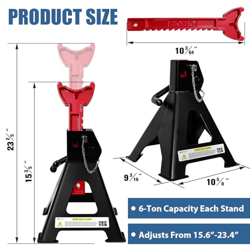 6 Ton Jack Stands Heavy Duty 13,200 LBs, Car Jack Stands for Trucks with Double Pin Locking & Extra Rubber Pads, 15.6"-23.4" Adjustable for Garage, Home, Vehicle Lifting, 1 Pair Black+Red - color: Black+Red, size: 6 Ton Jack Stands with Rubber Pads