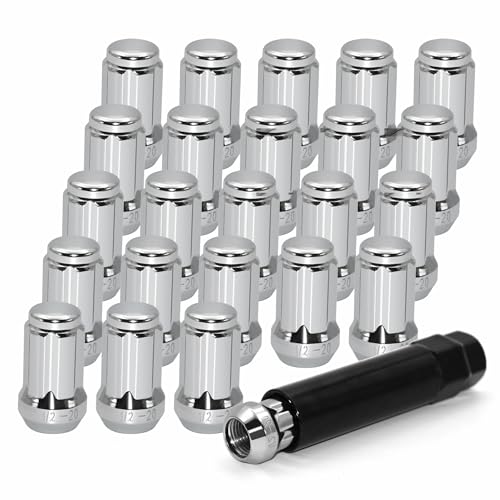 24 PCS 1/2-20 Chrome Lug Nuts, 1.35" Tall Hex Trailer Lug Nuts, 60 Degree Conical Cone Seat with Socket Key, Wheel Lugnuts Compatible with Jeep Cherokee Wrangler Liberty TJ XJ ZJ CJ5 - color: Silver, 24pcs+1 Point Spline, size: M12.7x1.27