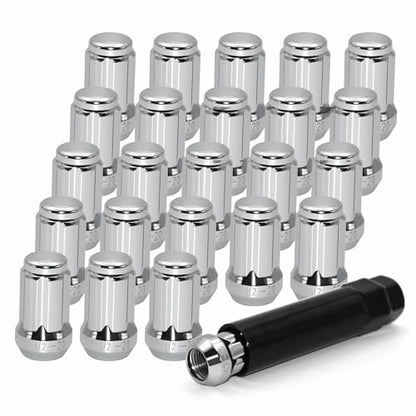 24 PCS 1/2-20 Chrome Lug Nuts, 1.35" Tall Hex Trailer Lug Nuts, 60 Degree Conical Cone Seat with Socket Key, Wheel Lugnuts Compatible with Jeep Cherokee Wrangler Liberty TJ XJ ZJ CJ5 - color: Silver, 24pcs+1 Point Spline, size: M12.7x1.27