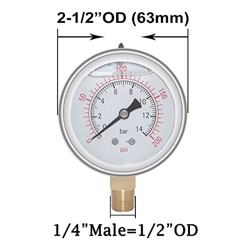 Joywayus Pressure Gauge 0-200 PSI Brass 1/4" NPT Male Thread Lower Mount, Glycerin Filled, Stainless Steel Case, Multiple Function - size: 0-200PSI--1/4", style: Glycerin Filled