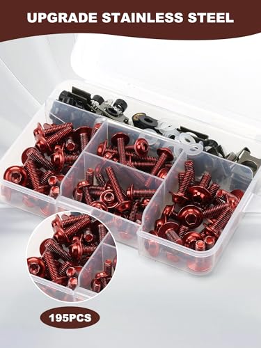 Motorcycle Fairing Bolt Kit Red, 195Pcs Stainless Steel M5 M6 - color: red