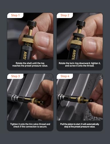 AstroAI Tire Deflator Kit 4-Pack, Automatic Anti-Corrosive Screw-On Air Down Tool Adjustable 10-30 PSI for Off-Road Vehicle SUV 4x4, Includes 4 Valve Caps Zipper Closure Bag