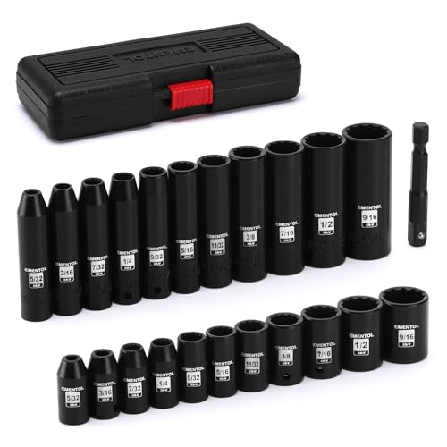 EMENTOL 1/4" Drive Impact Socket Set, 23 Pieces Deep & Shallow Socket Set, SAE 5/32"-9/16", 12 Point CR-V, Includes Drill Bit Adapter - size: 1/4" Drive (4-14mm)