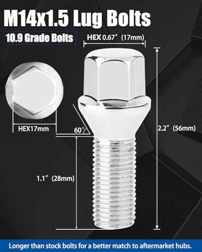 GAsupply M14x1.5 Lug Bolts 28mm Shank, 17mm Hex Conical Seat Chrome, 20pcs - color: Silver, size: 28mm Shank Acron Seat