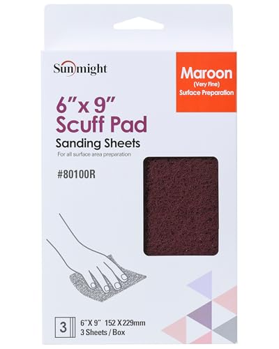 Sunmight Scuff Pads for Paint Prep Retail Pack 6" x 9" - Maroon 80100R - Aluminum Oxide - Surface Prep & Sanding Cloth - Abrasive Hand Pads for Auto, Marine, Aerospace- 3 Very Fine Sanding Sheets - color: Maroon