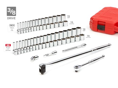 TEKTON 1/4, 3/8, 1/2 Inch Drive 6-Point Socket and Ratchet Set | SKT95304 - style: Case Storage