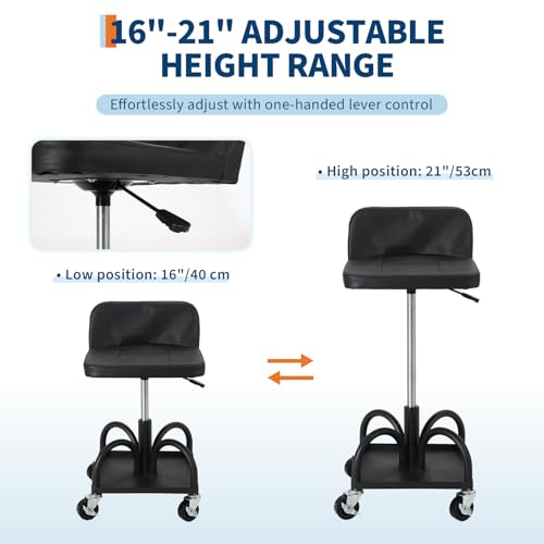 Rolling Shop Stool w/ 3" Locking Swivel Wheels, 300LB Capacity, 15.7"-20.5" Height Adjustable with Soft Cushion & Tool Tray, Telescoping Mechanic Seat for Garage, Auto Repair, Heavy-Duty, Black - size: Black-2