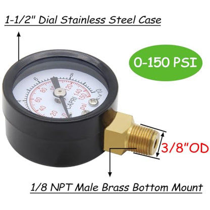 Uenede 0-150PSI Pressure Gauge 1/8" NPT Brass Bottom Mount with Bushing - size: 150PSI(1/8"NPT)