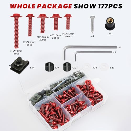 177Pcs Motorcycle Fairing Bolt Kit Red, M5 M6 Stainless Steel - color: Red