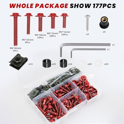 177Pcs Motorcycle Fairing Bolt Kit Red, M5 M6 Stainless Steel - color: Red