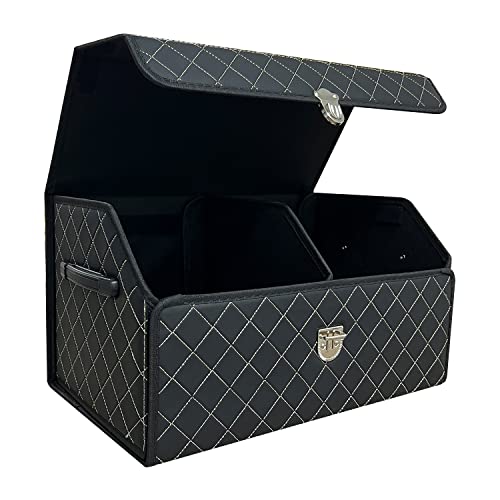 Trunk Organizer for Car With Lid,Foldable Trunk Organizer for SUVs & Sedans,Multi-Functional Leather Storage Box- Black Grid - Small - color: Black Grid, size: Small