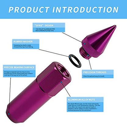 M12X1.5 Spiked Nuts for Rims Aluminum Extended Tuner Lug Nuts 20PCS 60MM (Purple) - color: Purple