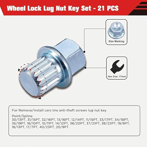 21PCS Wheel Lock Removal Kit, Fxsomgt Wheel Lock Key Automotive Wheel Anti-Theft Lock Lug Nut Screw Remover Key Socket Tool Set with 1/2 inch (12.7mm) Socket Adapter Compatible for BMW & Mini Series