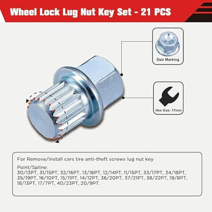21PCS Wheel Lock Removal Kit, Fxsomgt Wheel Lock Key Automotive Wheel Anti-Theft Lock Lug Nut Screw Remover Key Socket Tool Set with 1/2 inch (12.7mm) Socket Adapter Compatible for BMW & Mini Series