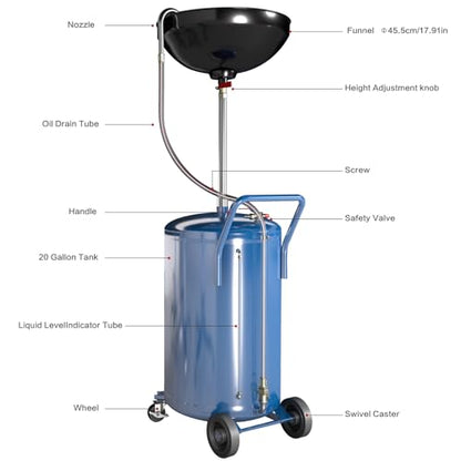 LARBANKE 20 Gallon Waste Oil Drain Tank with Wheels,Air Operated Drainer Oil Change Tank,Oil Drain Container with Adjustable Funnel Height,for Easy Oil Removal,Blue