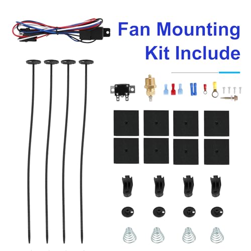 Universal 12-Inch Slim Electric Radiator Cooling Fan Kit – 12V 80W Push/Pull with Thermostat, Relay, Wiring Harness & Mounting Kit, Universal Fit – Black - size: 12 inch