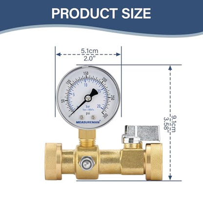 MEASUREMAN Air Over Water Test Kit, 2” Dial, 0-300 PSI, 1/4” NPT Top Mount with 3/4” Female Hose Connection for Leak Detection and Pressure Testing - size: 0-300 PSI