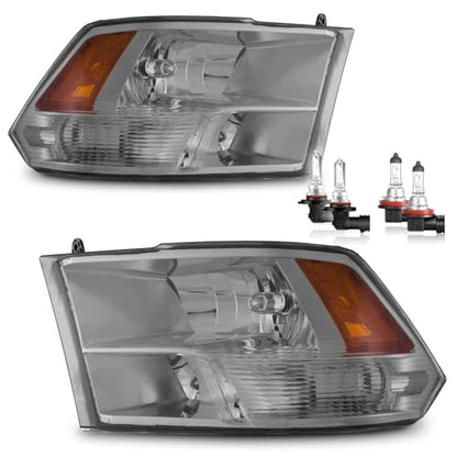 Headlights for 2009-2018 Dodge Ram 1500 Quad-Hole Single Headlight - color: Black With H/L Beam Bulbs