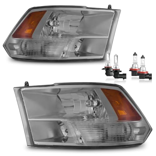 Headlights for 2009-2018 Dodge Ram 1500 Quad-Hole Single Headlight - color: Black With H/L Beam Bulbs