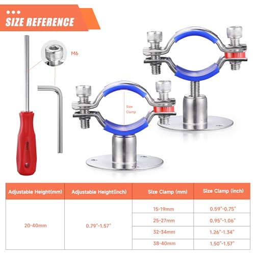 6PCS 304 Stainless Steel Wall Mount Ceiling Mount Pipe Supports,Suitable for OD Pipe 38-40mm,Adjustable Height 20-40mm,Adjustable Pipe Strap Clamp with Screws - color: Adjustable Height 20-40mm, style: 38-40mm