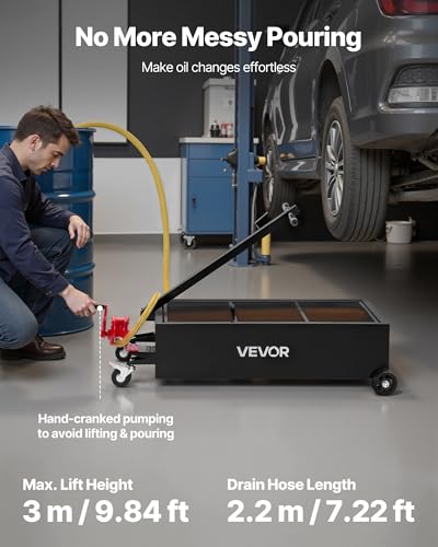 VEVOR Low Profile Oil Drain Pan, 25 Gallon Capacity, Rolling Oil Drain Pan with Manual Pump, 7.2 ft Hose & T Folding Handle, Leak-Proof & Corrosion-Resistant, Fit for Cars, SUVs, Trucks, ATVs, Black - size: 25 Gallon