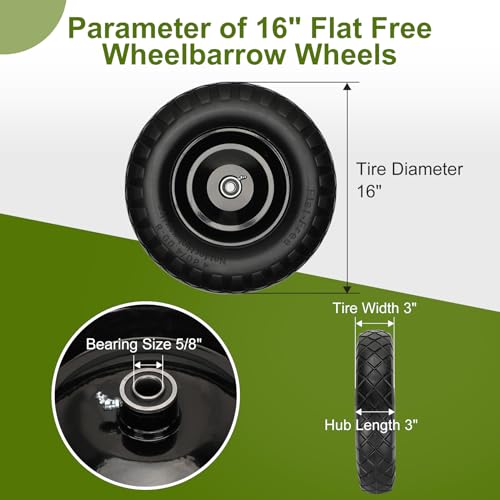 Upgraded 4.80/4.00-8 Flat Free Wheelbarrow Wheels with 5/8" & 3/4" Bearing - color: black+black