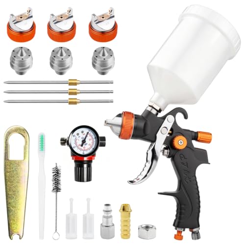 Paint Gun, HVLP Spray Gun Kit with Gauge 1.4/1.7/2.0mm Nozzles 600cc - color: Orange