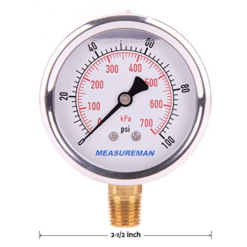 MEASUREMAN Pressure Gauge 1/4 NPT, 0-100psi/kPa Glycerin Filled Pressure Gauge with 2.5 Inch Dial Size and 304 Stainless Steel Case (0-100 psi, Lower Mount) - size: 0-100 psi, style: Lower Mount