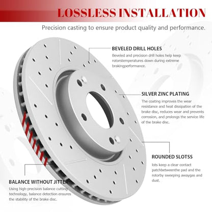 Front & Rear Drilled Slotted Rotors and Ceramic Disc Brake Pads Kit for Toyota Avalon 2019 2020 2021 2022/ Camry 2020 2021